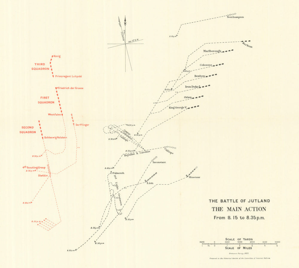 Battle of Jutland. Main Action. 8.15-8.35 pm 31 May 1916. WW1. 1923 old map