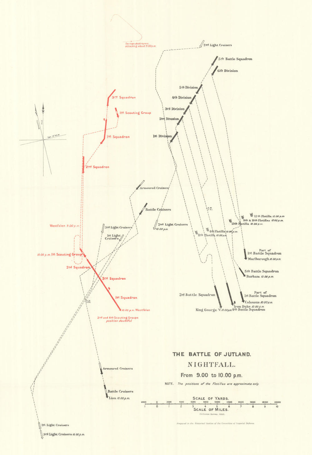 Battle of Jutland. Nightfall. 9.00-10.00 pm 31 May 1916. WW1. 1923 old map