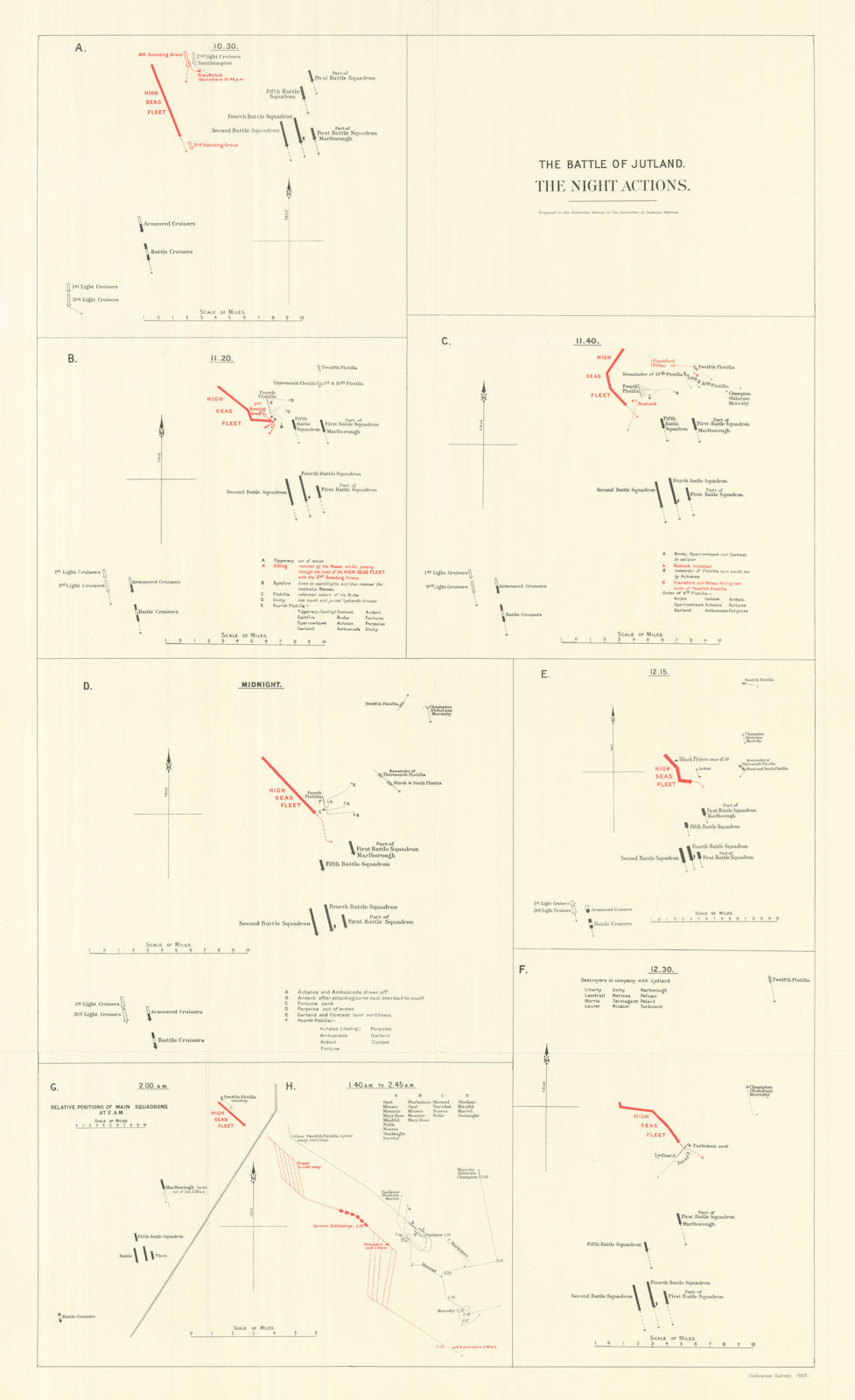 Battle of Jutland. Night Actions 31 May 1916. First World War. 1923 old map