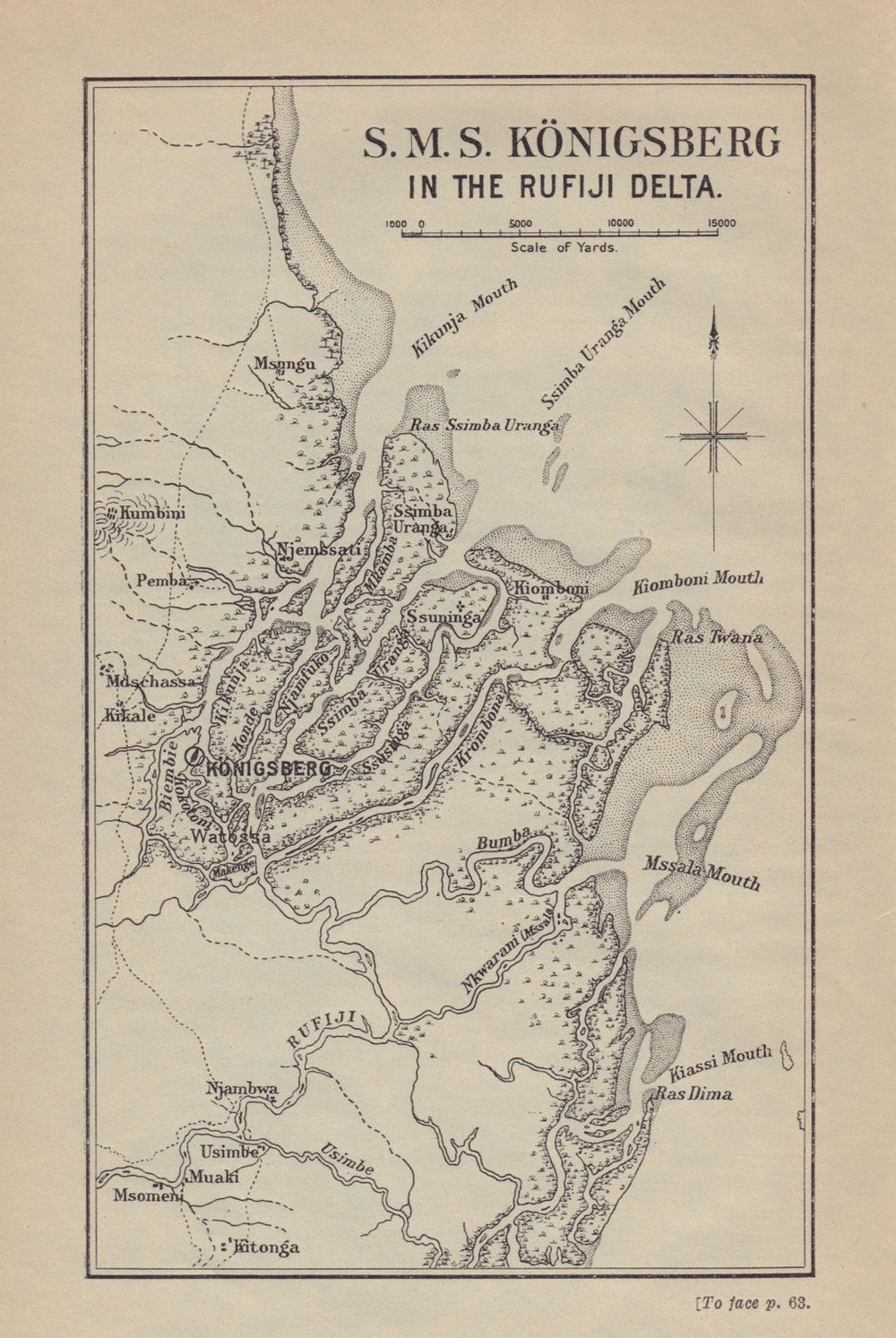 S.M.S. Königsberg. Battle of Rufiji Delta. 1914-1915. First World War. 1923 map