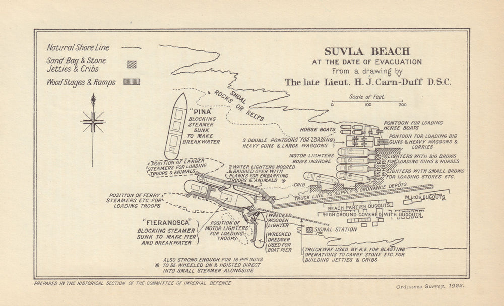 Suvla Beach at evacuation, 1915-1916. Gallipoli Campaign. WW1. 1923 old map