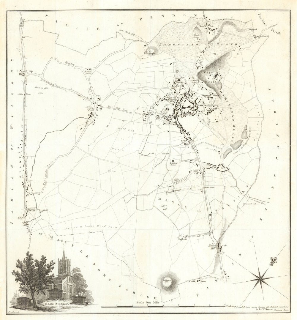 HAMPSTEAD PARISH. Belsize Park, Primrose Hill & Kilburn. NEWTON 1814 old map
