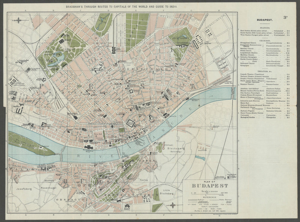 BUDAPEST antique town plan city map. Hungary. BRADSHAW c1899 old