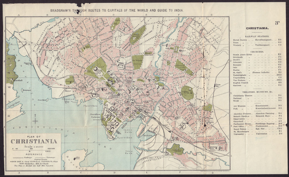 CHRISTIANIA / OSLO antique town plan city map. Norway. BRADSHAW c1899 old