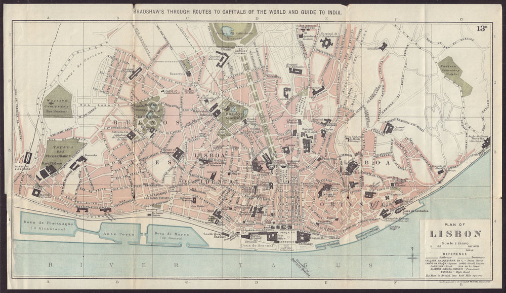 LISBON antique town plan city map. Portugal. BRADSHAW c1899 old