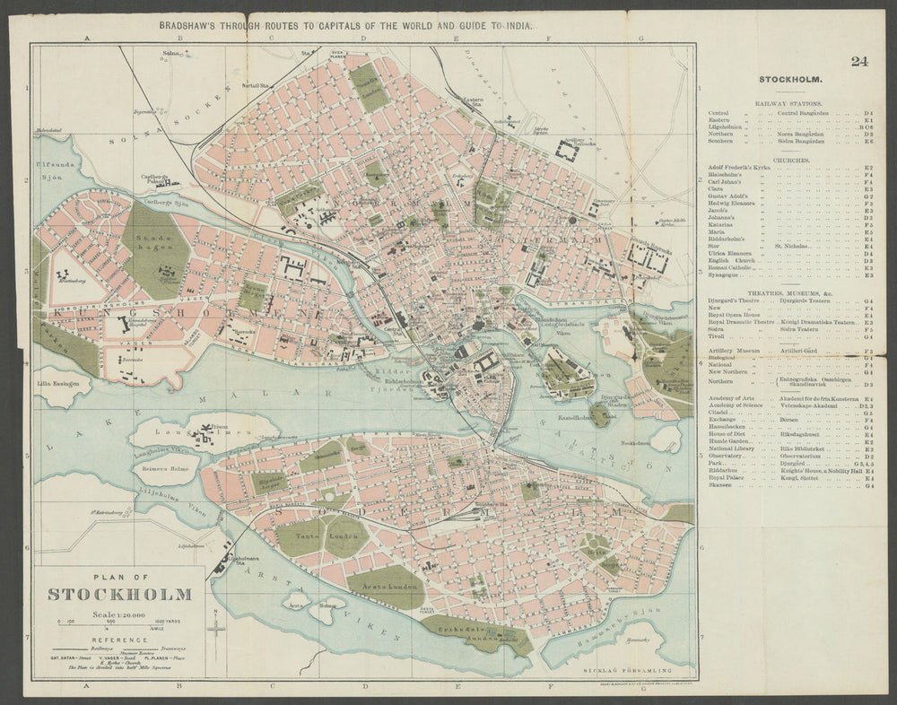 STOCKHOLM antique town plan city map. Sweden. BRADSHAW c1899 old