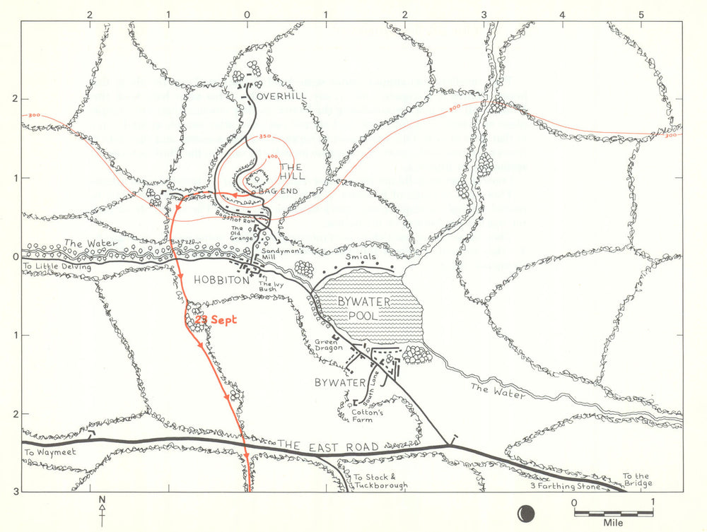 MIDDLE-EARTH Hobbiton to Bywater. Frodo's route. TOLKIEN/STRACHEY 1981 old map