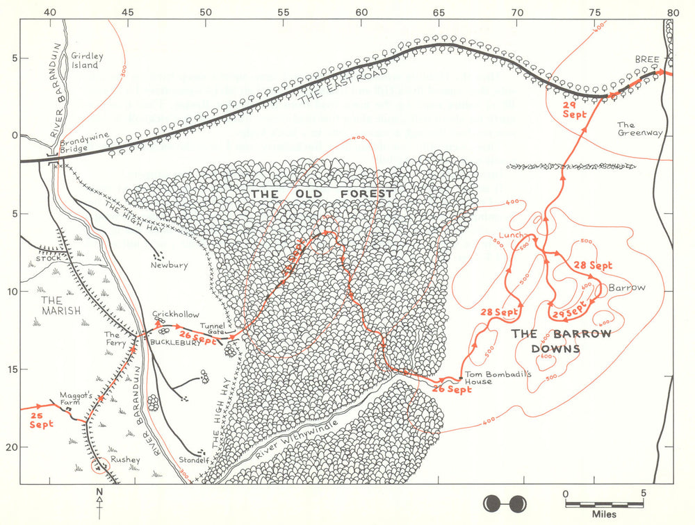 MIDDLE-EARTH Brandywine Bridge to Bree. Frodo's route. TOLKIEN/STRACHEY 1981 map