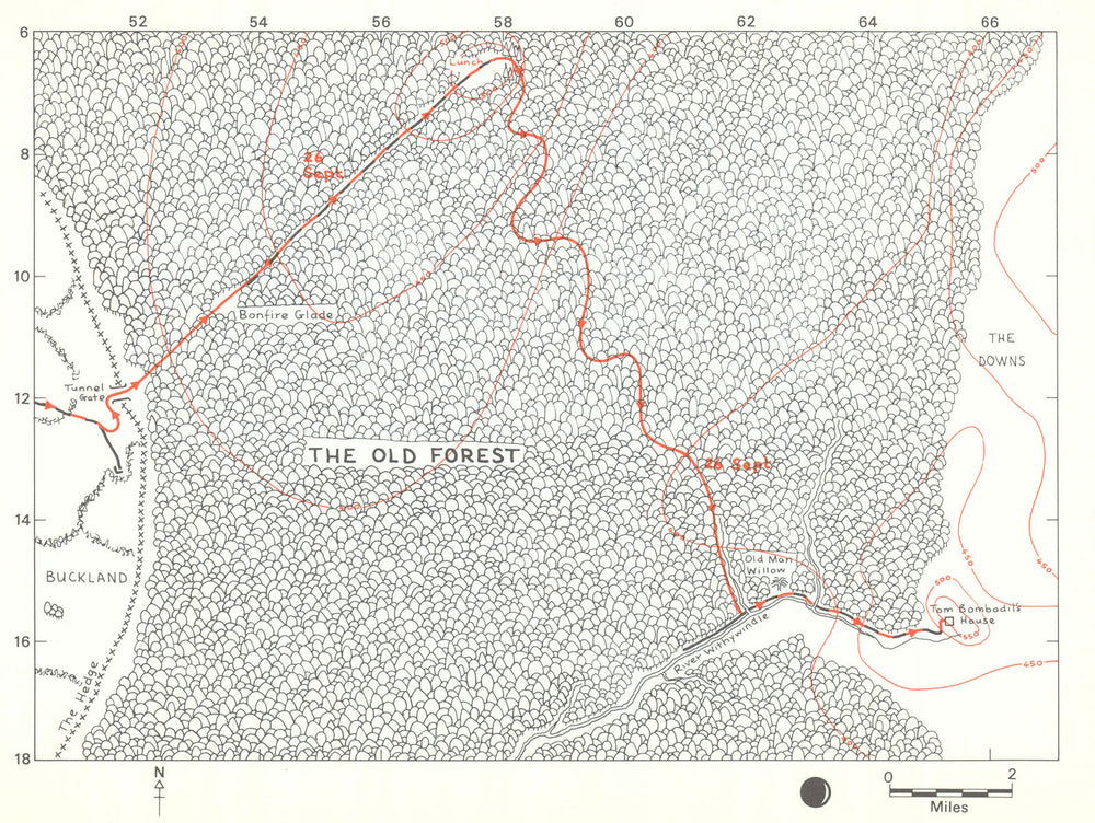 MIDDLE-EARTH The Old Forest. Frodo's route. TOLKIEN/STRACHEY 1981 map