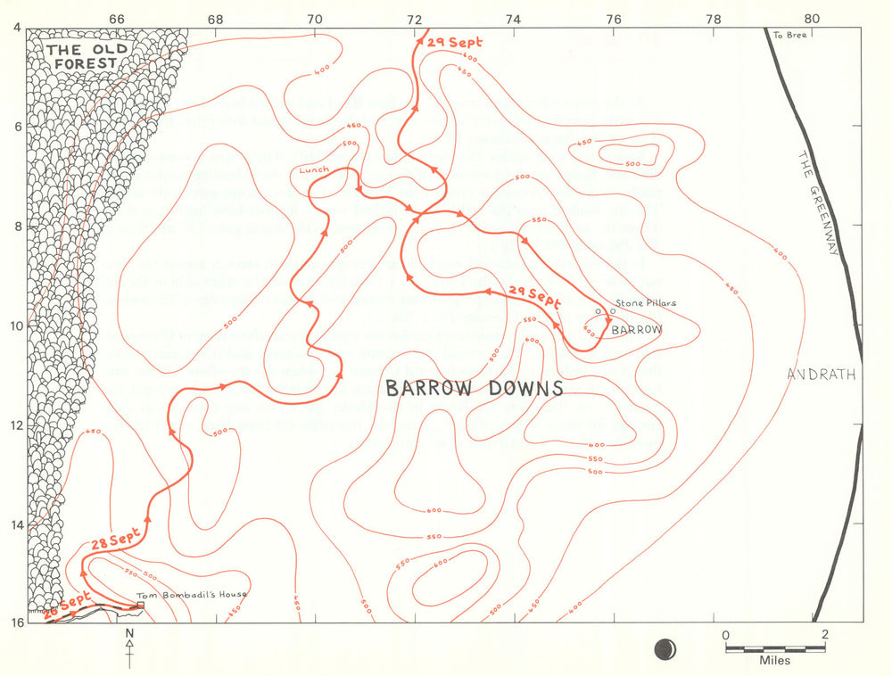 MIDDLE-EARTH The Barrow-downs. Frodo's route. TOLKIEN/STRACHEY 1981 old map