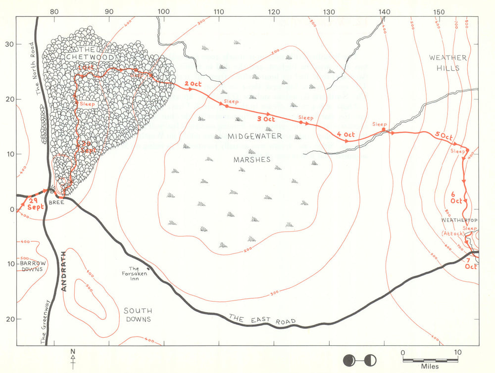 MIDDLE-EARTH Bree to Weathertop. Frodo's route. TOLKIEN/STRACHEY 1981 old map