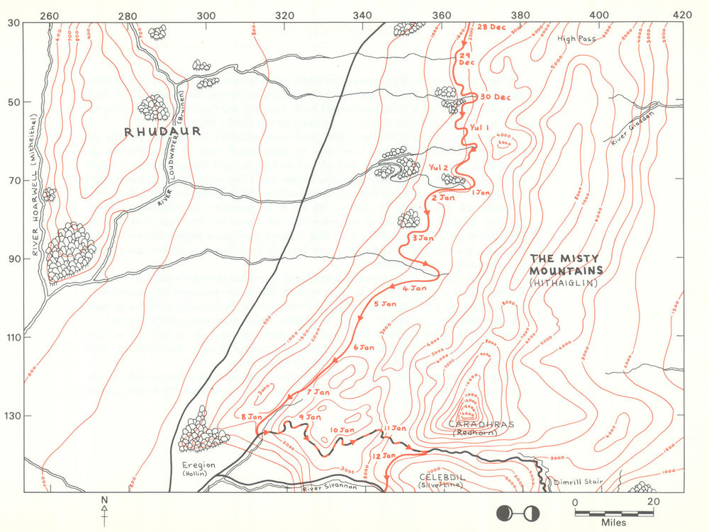 MIDDLE-EARTH The Misty Mountains. Frodo's route. TOLKIEN/STRACHEY 1981 old map