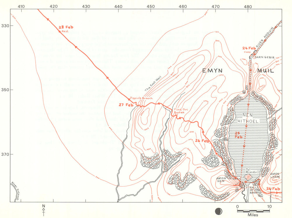 MIDDLE-EARTH Eastemnet & Nen Hithoel. Frodo's route. TOLKIEN/STRACHEY 1981 map