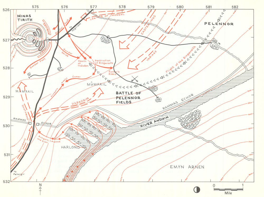 MIDDLE-EARTH Battle of Pelennor Fields. Frodo's route. TOLKIEN/STRACHEY 1981 map