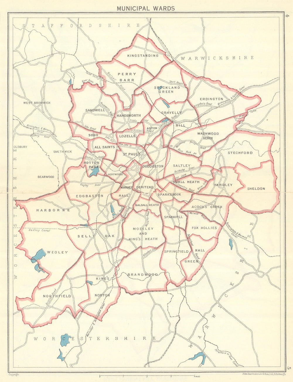 BIRMINGHAM Munipical Wards 1954 old vintage map plan chart