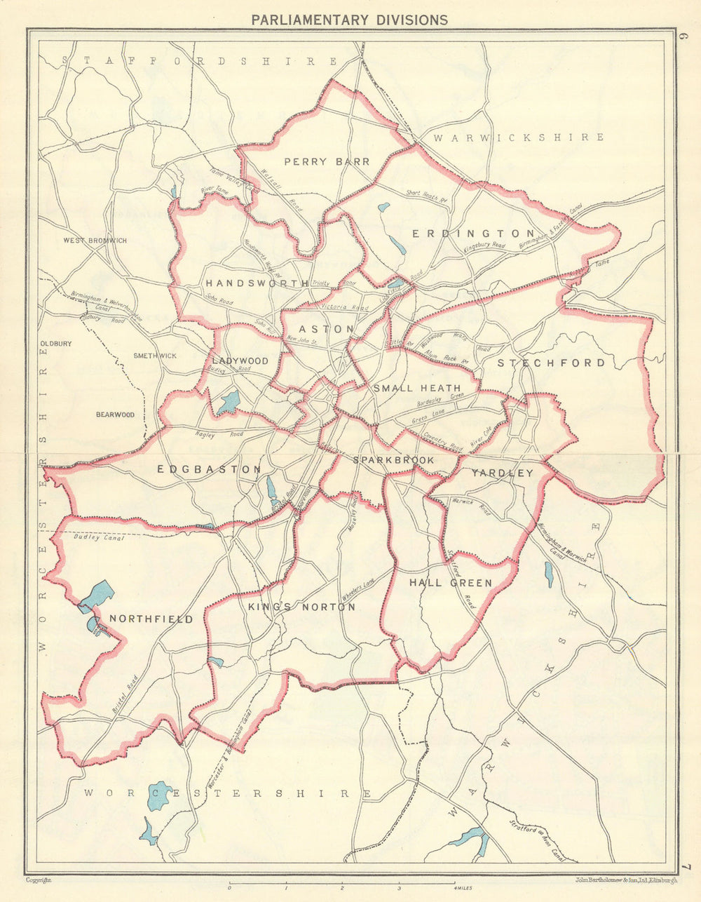BIRMINGHAM Parliamentary Divisions constituencies 1954 old vintage map chart