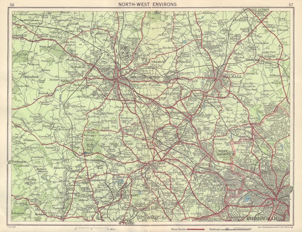 BLACK COUNTRY. NW Birmingham Wolverhampton Walsall West Bromwich Dudley 1954 map