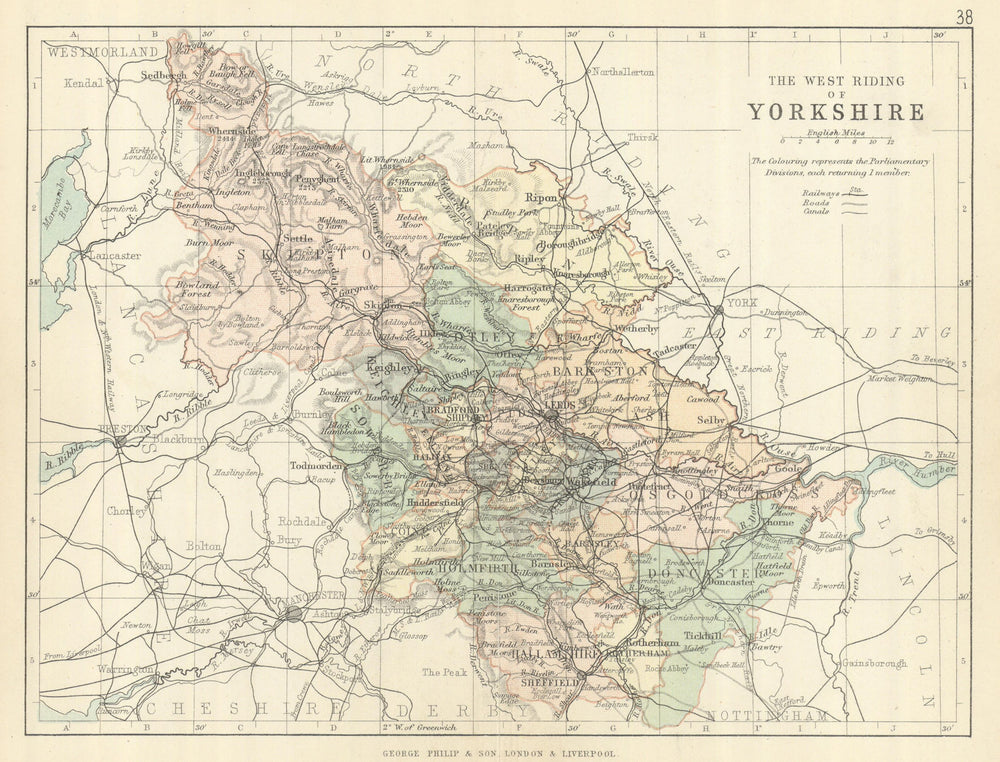 YORKSHIRE WEST RIDING. County map. Railways canals. Constituencies. PHILIP 1889