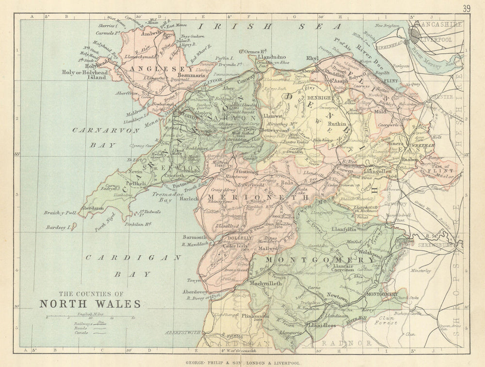 NORTH WALES. Antique map. Counties Railways roads canals. PHILIP 1889 old