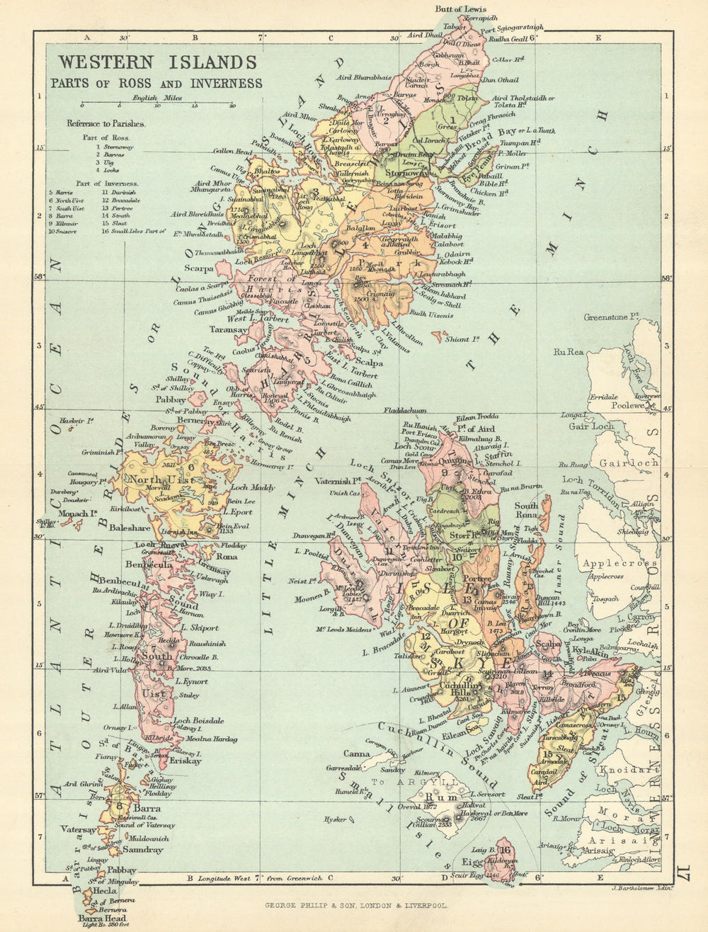 'Western Islands'. Ross-shire & Inverness-shire. Parishes. BARTHOLOMEW 1886 map