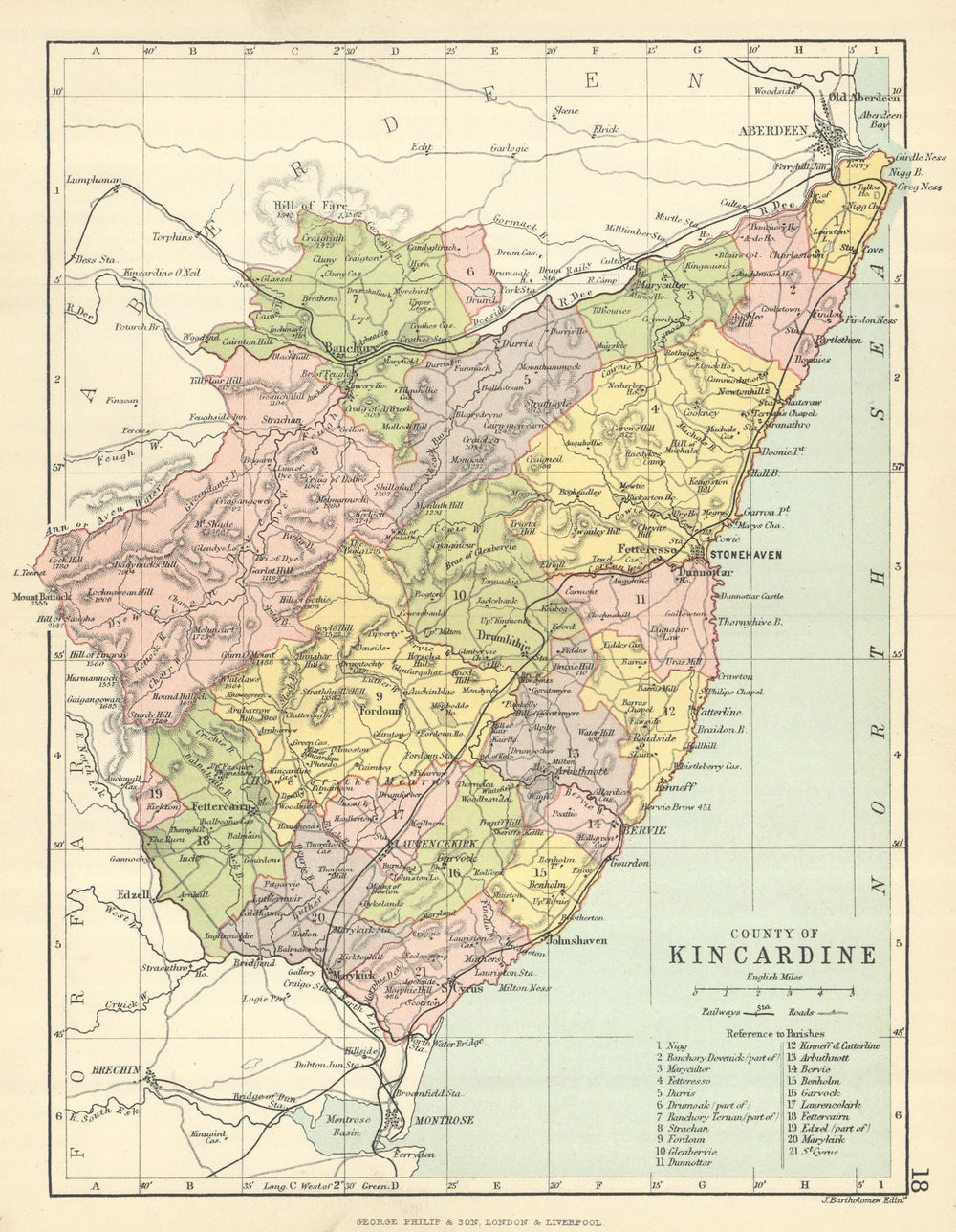 'County of Kincardine'. Kincardineshire. Parishes. BARTHOLOMEW 1886 old map