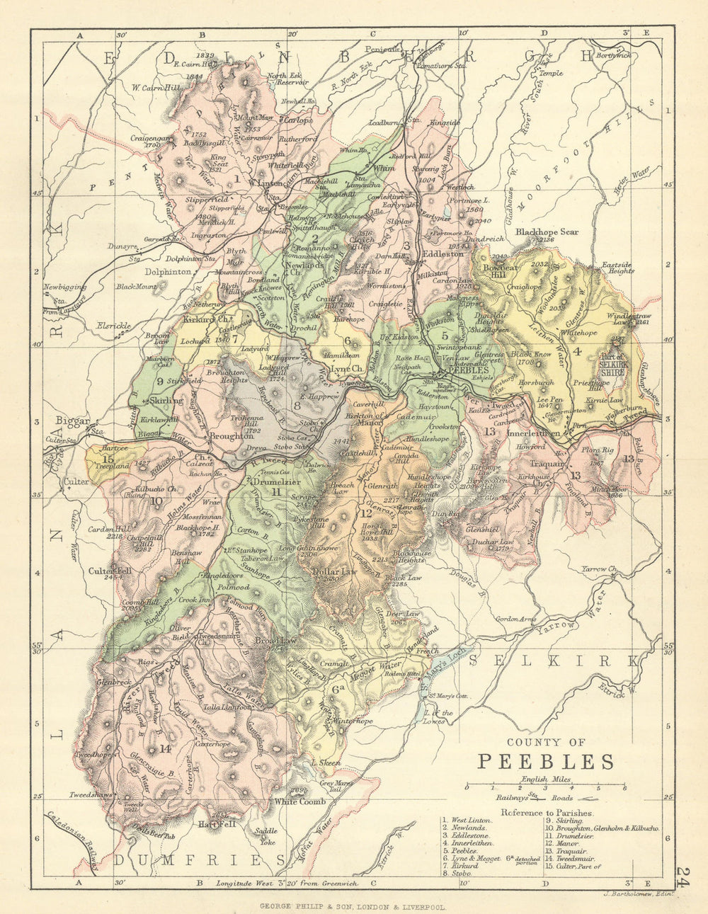 'County of Peebles'. Peeblesshire. Parishes. BARTHOLOMEW 1886 old antique map