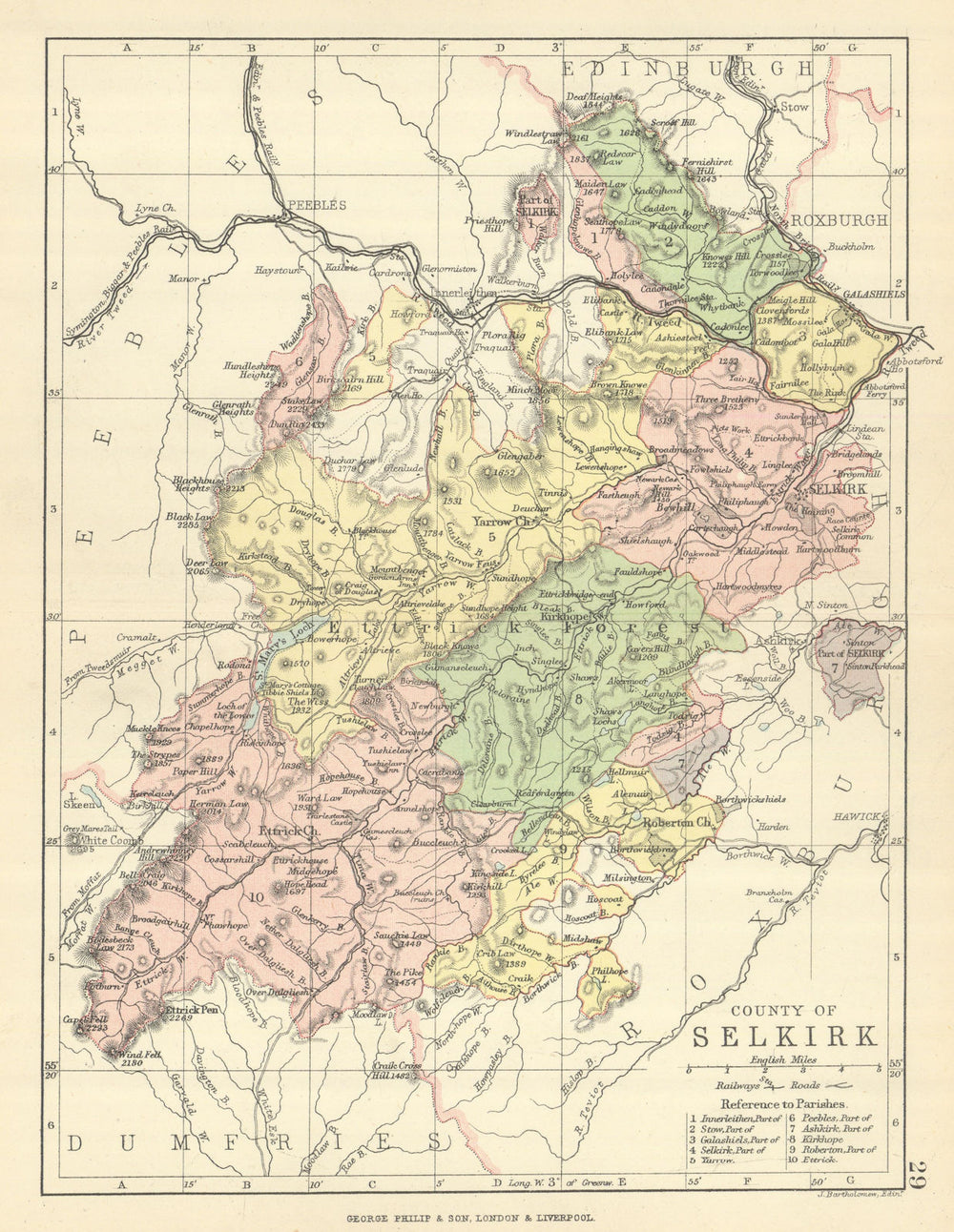 'County of Selkirk'. Selkirkshire. Parishes. BARTHOLOMEW 1886 old antique map