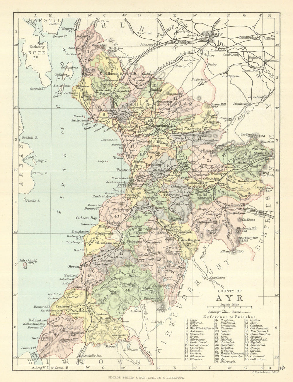 'County of Ayr'. Ayrshire. Parishes. BARTHOLOMEW 1888 old antique map