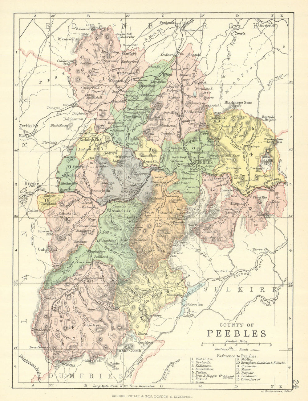'County of Peebles'. Peeblesshire. Parishes. BARTHOLOMEW 1888 old antique map