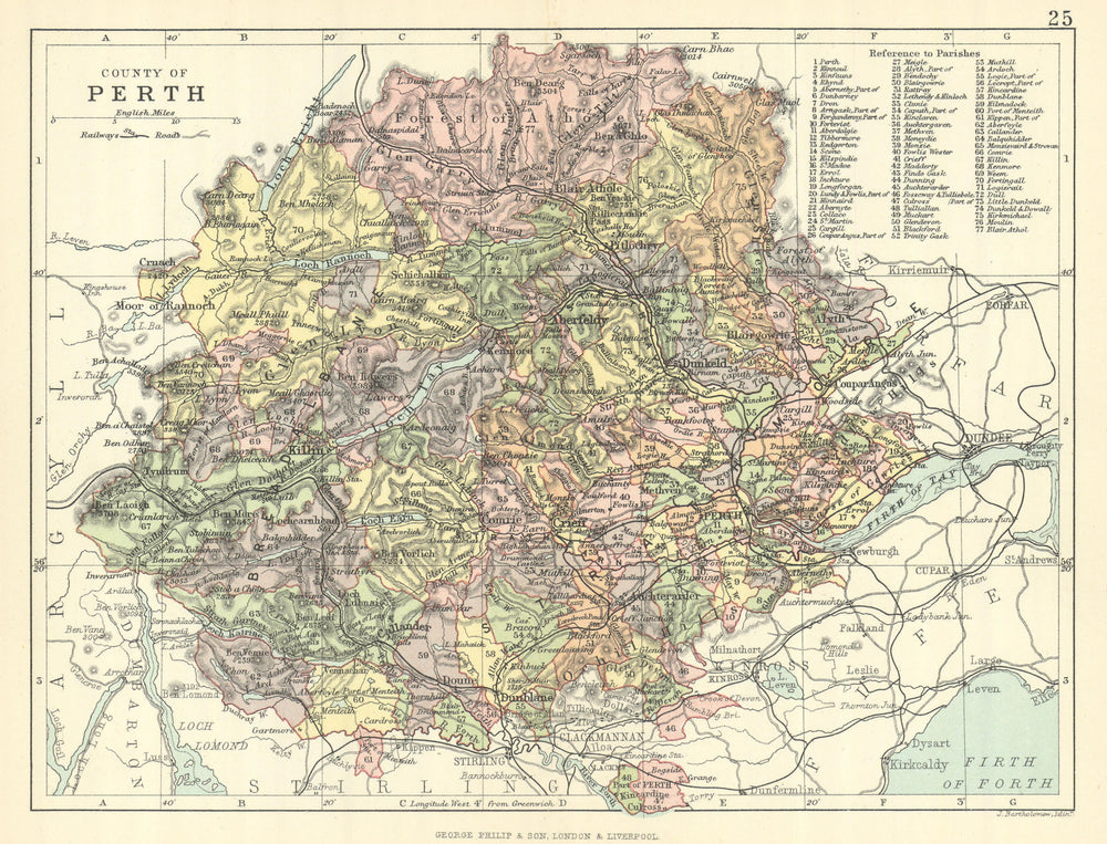 'County of Perth'. Perthshire. Parishes. BARTHOLOMEW 1888 old antique map