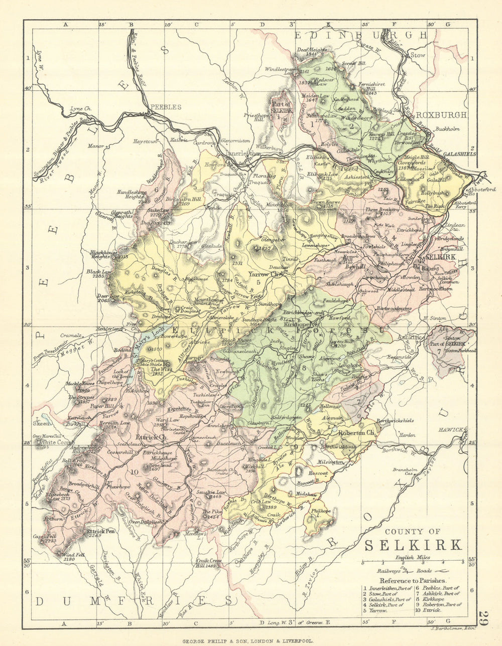 'County of Selkirk'. Selkirkshire. Parishes. BARTHOLOMEW 1888 old antique map