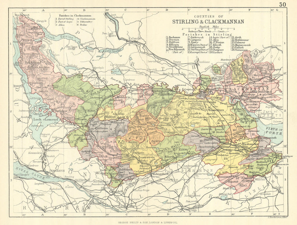 Stirlingshire & Clackmannanshire counties. BARTHOLOMEW 1888 old antique map