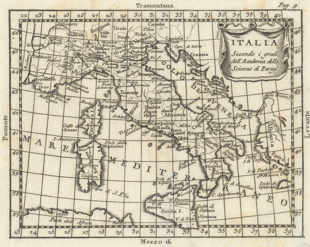 'Italia'. Italy antique map by Claudio Buffier 1788 old plan chart