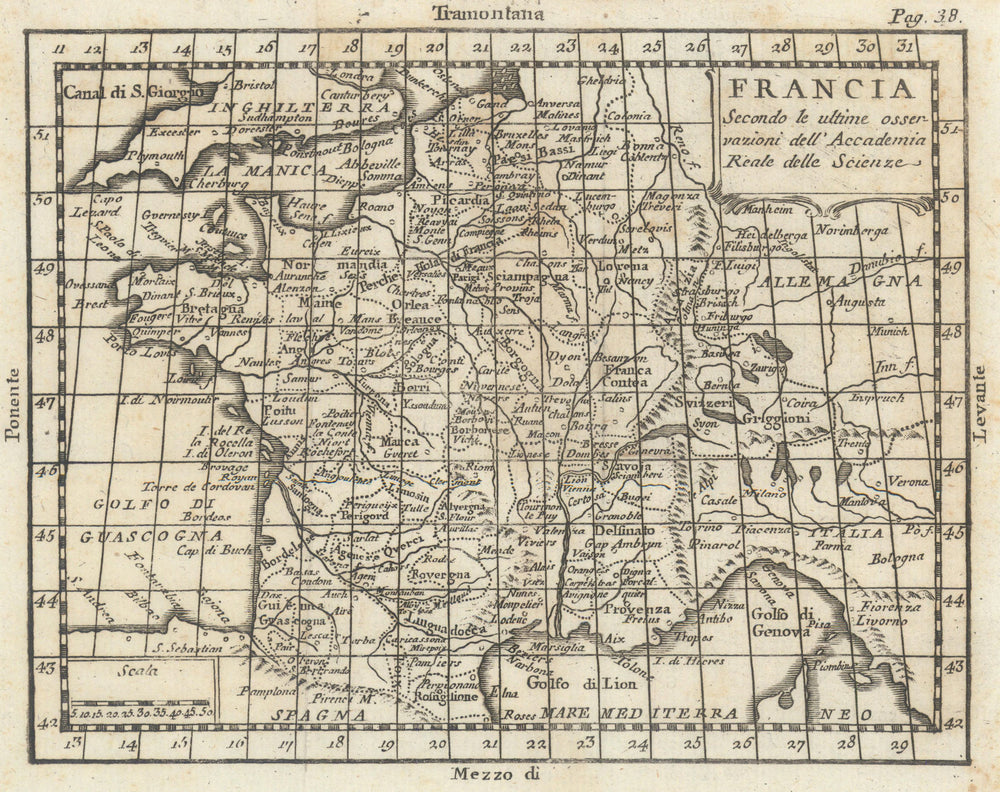 'Francia'. France antique map by Claudio Buffier 1788 old chart