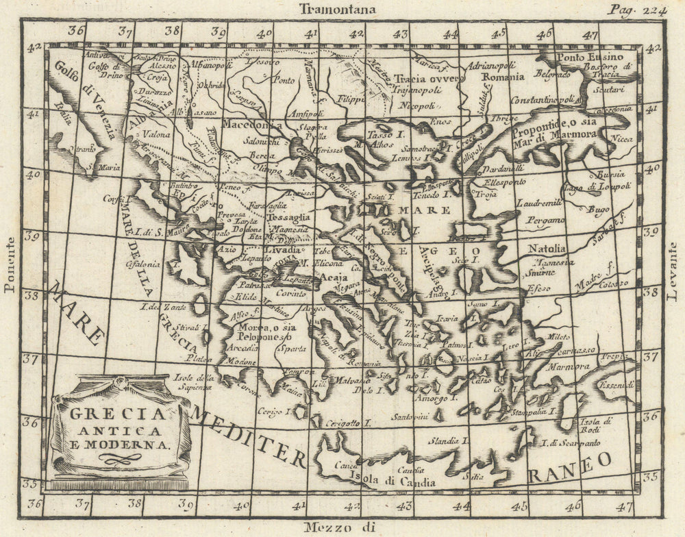 'Grecia Antica, e Moderna'. Greece antique map by Claudio Buffier 1788 old