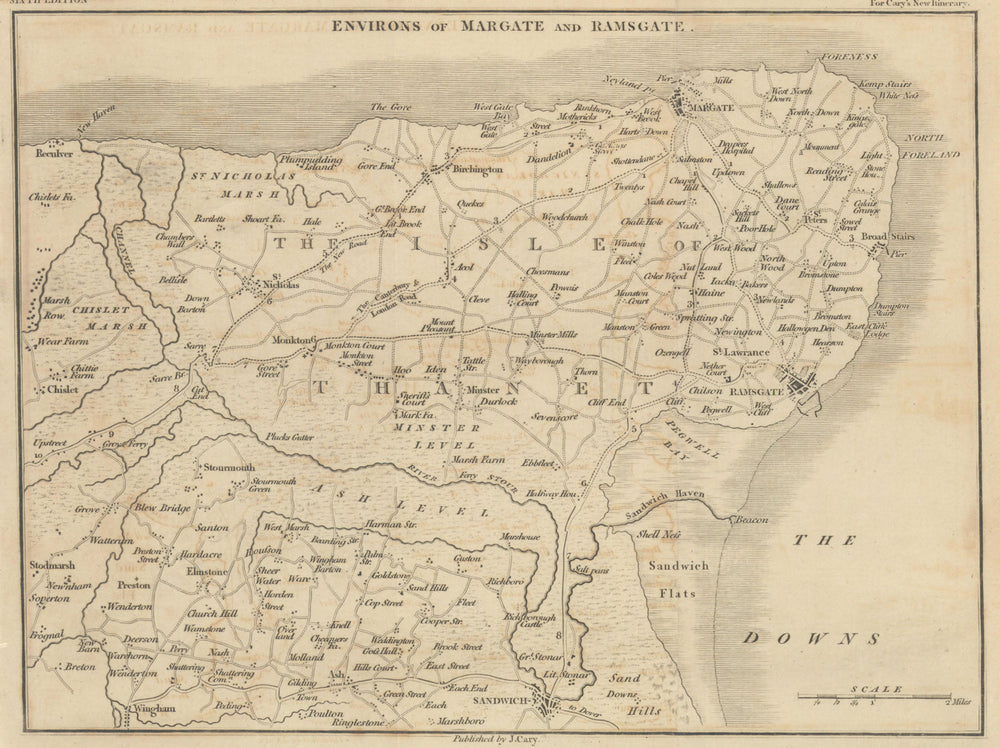 MARGATE & RAMSGATE environs by John Cary. Thanet Broadstairs Sandwich 1815 map