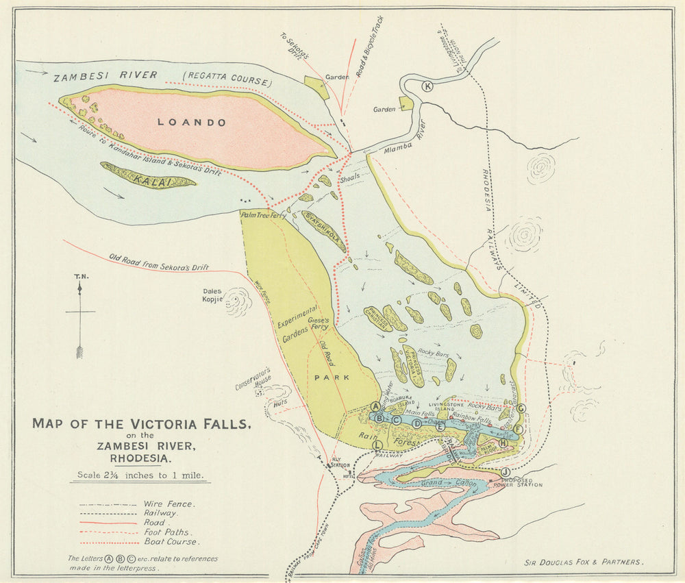 The Victoria Falls on the Zambesi River, Rhodesia. Zimbabwe/Zambia BSAC 1910 map