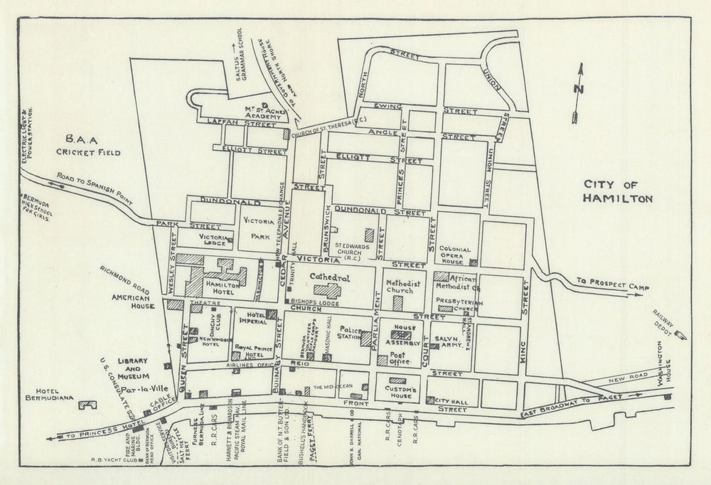 Hamilton, Bermuda town / city plan by John Bushell 1938 old vintage map chart