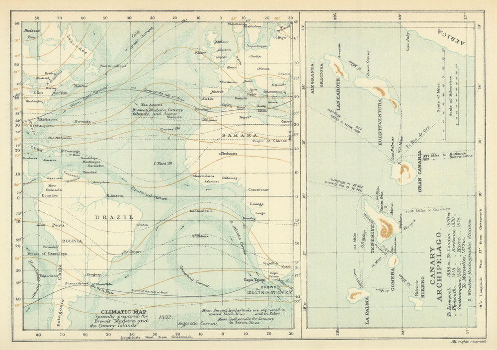 Canary Islands Atlantic Ocean Climate Currents Isothermals SAMLER BROWN 1932 map