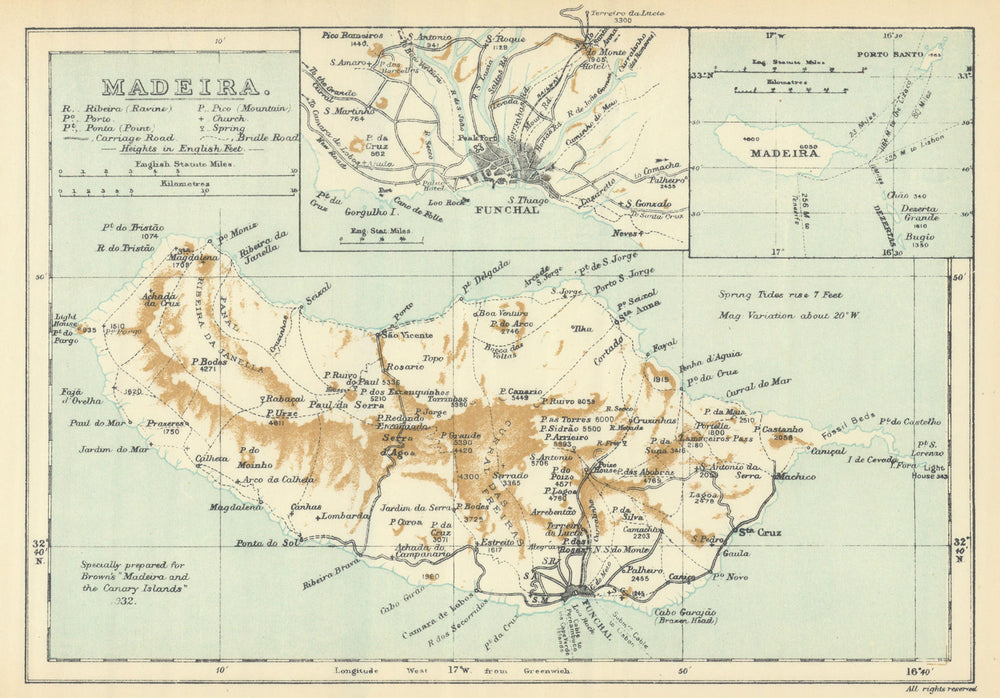 Madeira Island & Funchal environs. SAMLER BROWN 1932 old vintage map chart