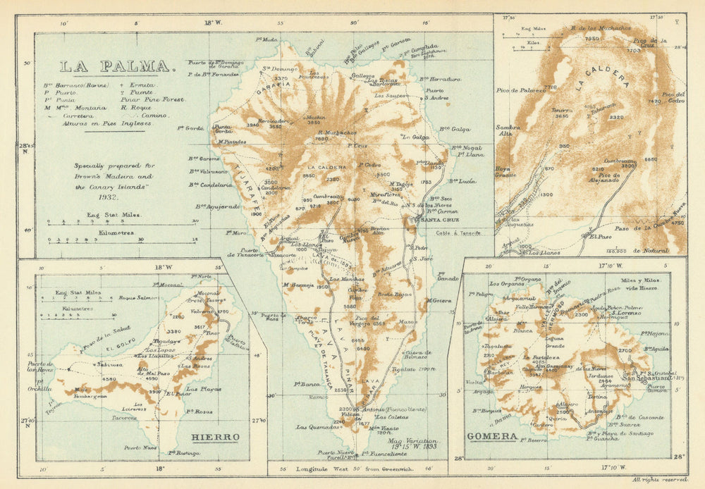 Canary Islands. La Palma, with crater. Hierro. Gomera. SAMLER BROWN 1932 map