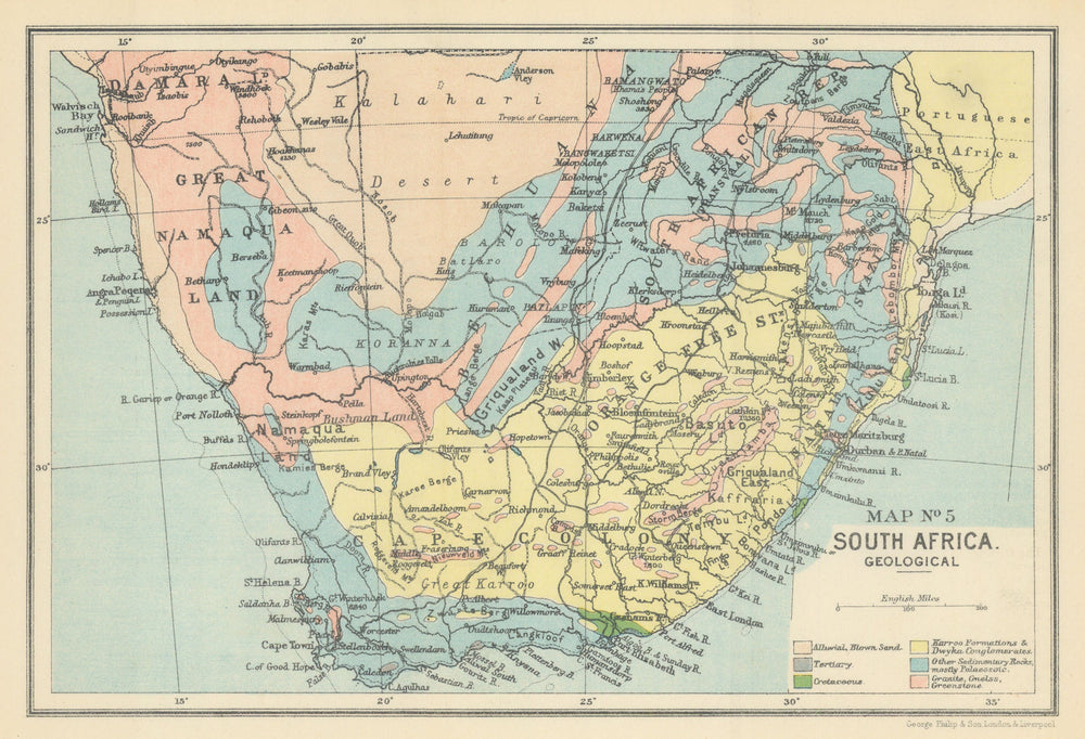 South Africa - Geological. Alluvial Karroo Dwyka Tertiary. SAMLER BROWN 1899 map