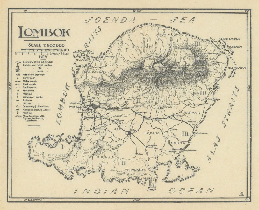 The island of Lombok. Dutch East Indies. Indonesia. VAN STOCKUM 1930 old map