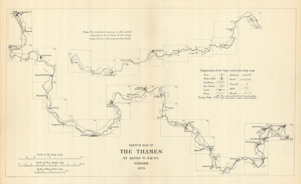 Sketch map of the Thames by Henry W. Taunt 1879 1879 old antique chart