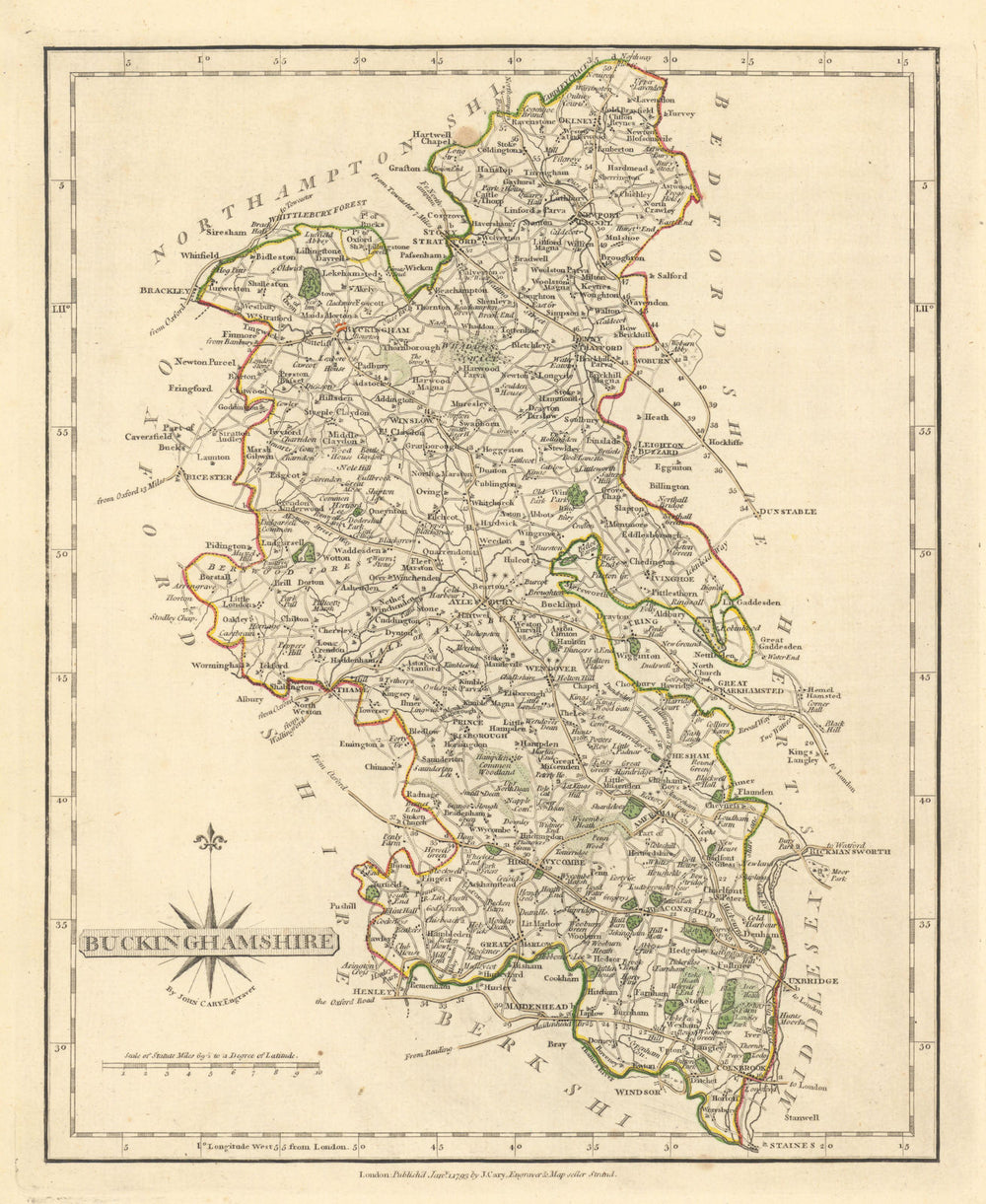Antique county map of BUCKINGHAMSHIRE by JOHN CARY. Original outline colour 1793