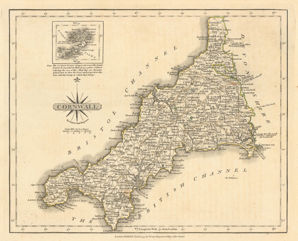 Antique county map of CORNWALL by JOHN CARY. Original outline colour 1793