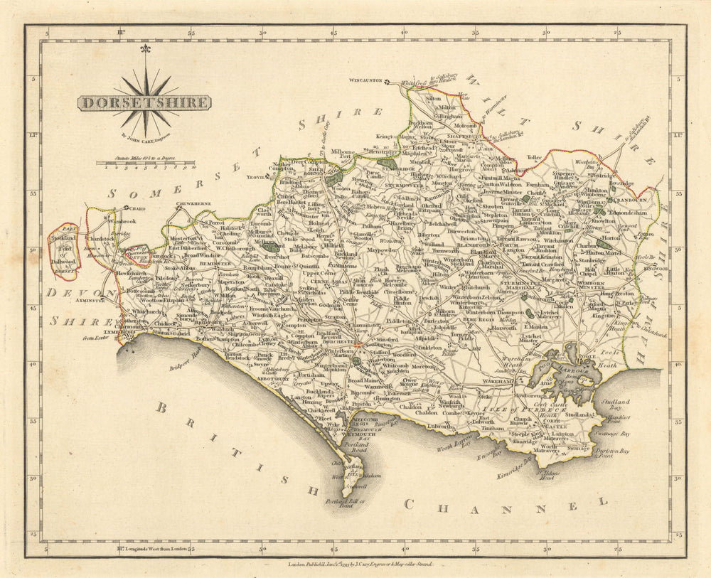 Antique county map of DORSETSHIRE by JOHN CARY. Original outline colour 1793