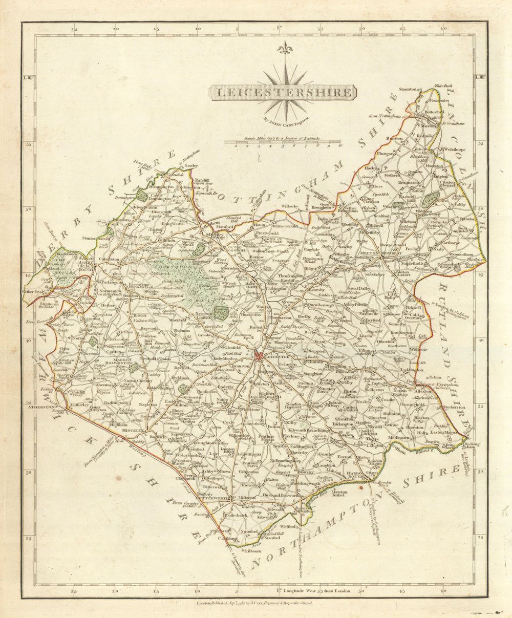 Antique county map of LEICESTERSHIRE by JOHN CARY.  Original outline colour 1793