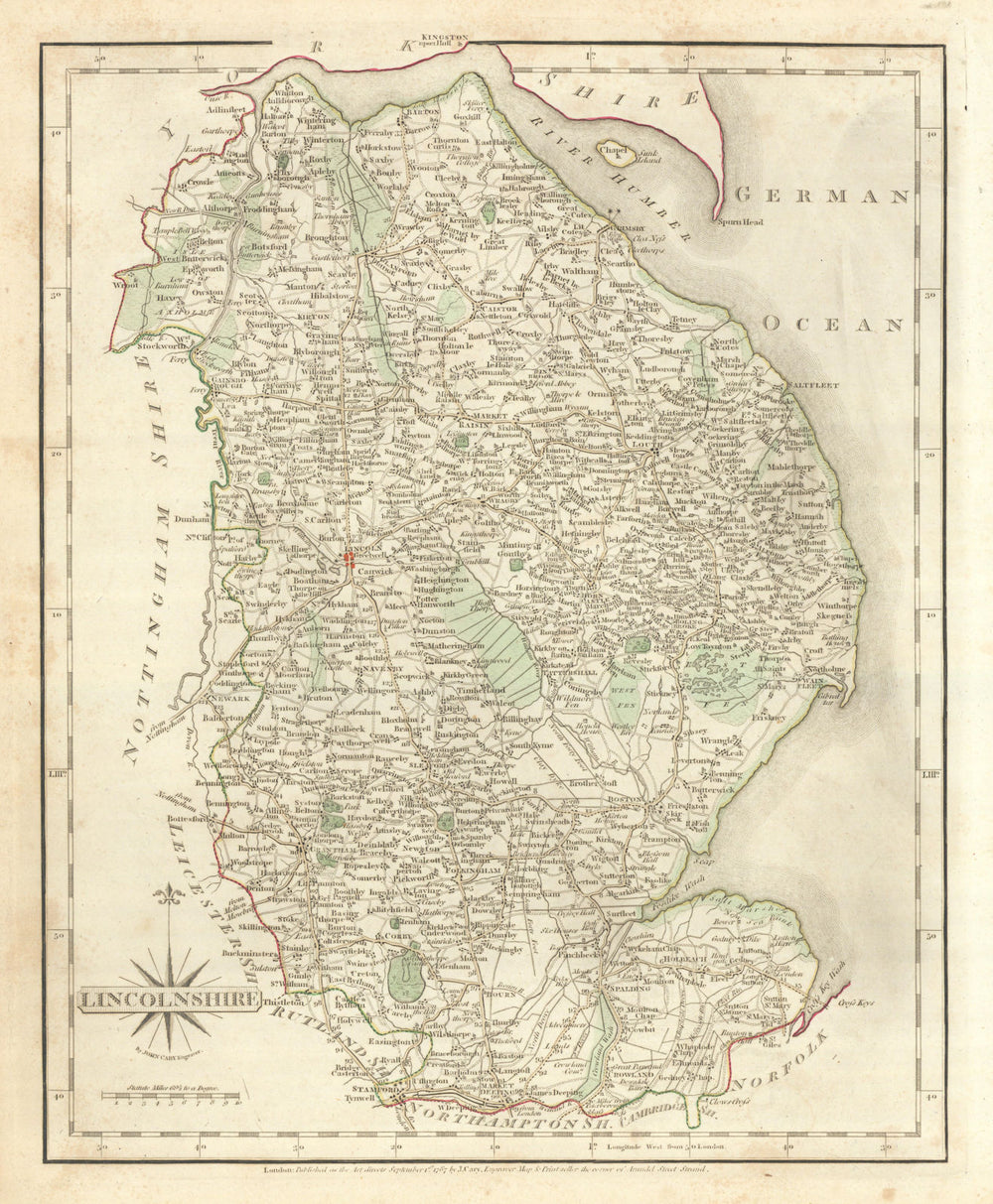 Antique county map of LINCOLNSHIRE by JOHN CARY. Original outline colour 1793