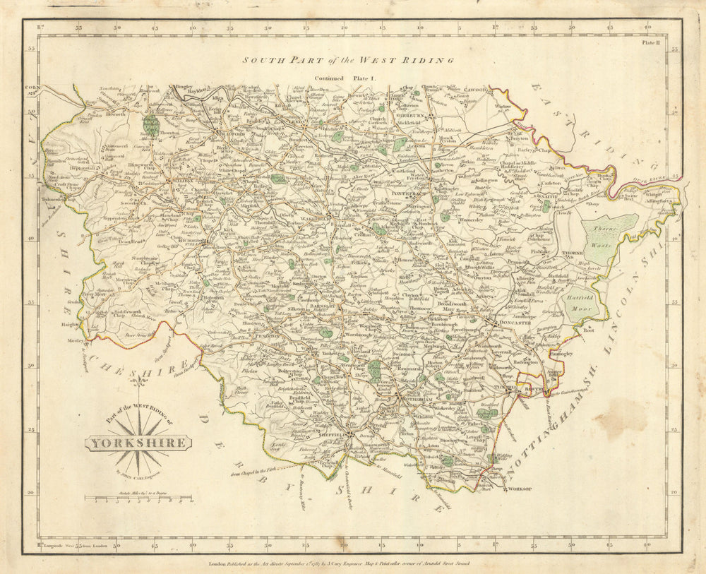 WEST RIDING OF YORKSHIRE-SOUTH antique map by JOHN CARY. Original colour 1793